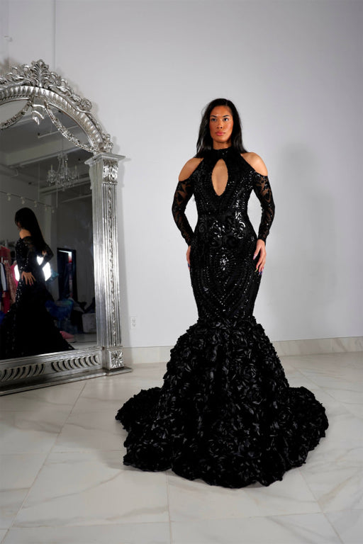Black Prom Dress With Appliques Long Flowers Mermaid Half Sleeves Halter