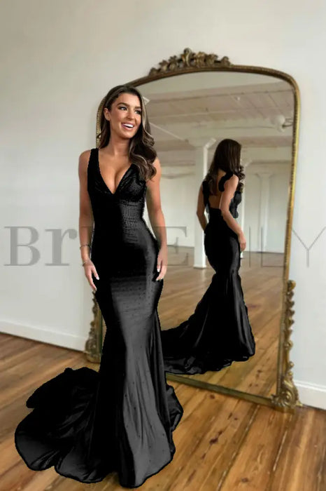 Green Prom Dress with Wide Shoulder V Neck Long Mermaid with Bead Embellishments - Prom Dresses