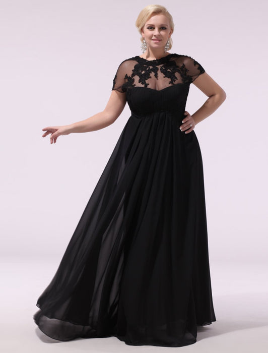 Black Prom Dresses Plus Size Evening Dress Chiffon Lace Applique Illusion Short Sleeves Floor Length Wedding Guest Dress Milanoo