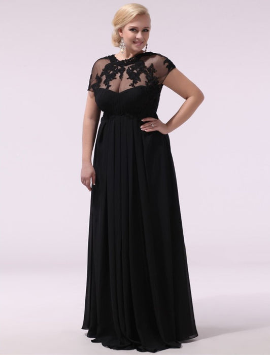 Black Prom Dresses Plus Size Evening Dress Chiffon Lace Applique Illusion Short Sleeves Floor Length Wedding Guest Dress Milanoo