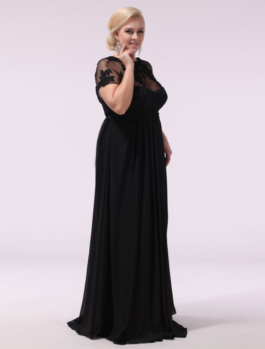 Black Prom Dresses Plus Size Evening Dress Chiffon Lace Applique Illusion Short Sleeves Floor Length Wedding Guest Dress Milanoo