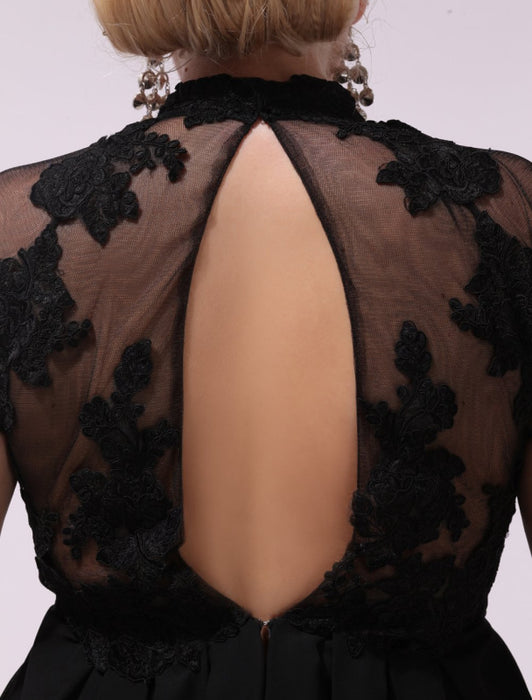 Black Prom Dresses Plus Size Evening Dress Chiffon Lace Applique Illusion Short Sleeves Floor Length Wedding Guest Dress misshow