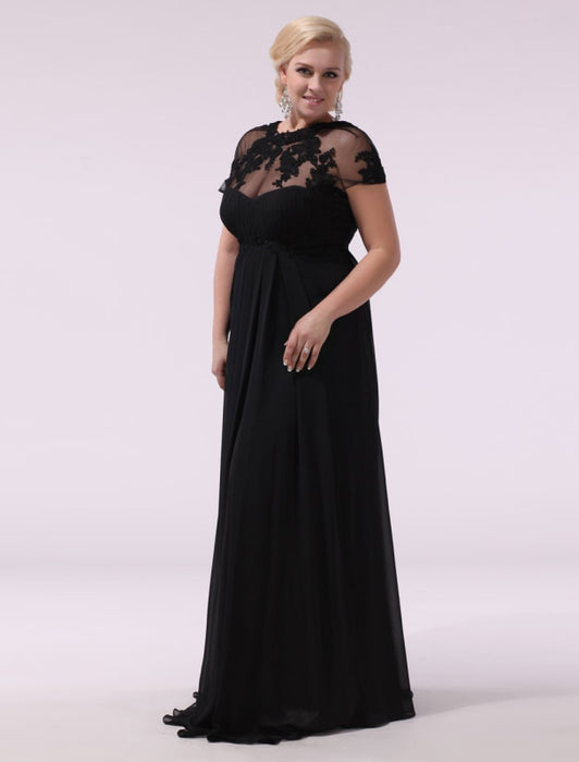 Black Prom Dresses Plus Size Evening Dress Chiffon Lace Applique Illusion Short Sleeves Floor Length Wedding Guest Dress Milanoo