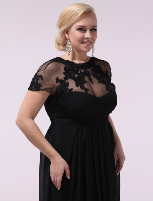 Black Prom Dresses Plus Size Evening Dress Chiffon Lace Applique Illusion Short Sleeves Floor Length Wedding Guest Dress misshow