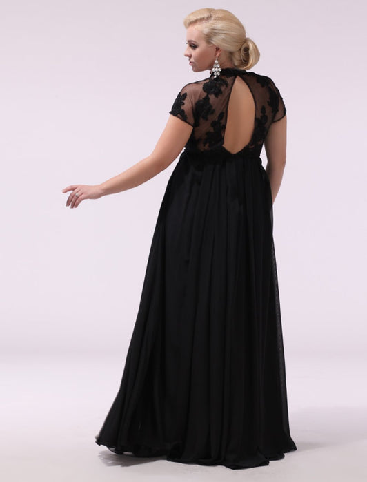 Black Prom Dresses Plus Size Evening Dress Chiffon Lace Applique Illusion Short Sleeves Floor Length Wedding Guest Dress misshow