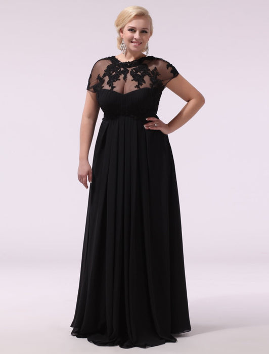 Black Prom Dresses Plus Size Evening Dress Chiffon Lace Applique Illusion Short Sleeves Floor Length Wedding Guest Dress misshow