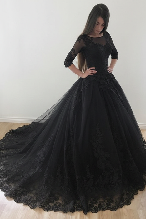 Black Puffy Half Sleeves Long Vintage Tulle Bateau Appliques Wedding Dress - Wedding Dresses