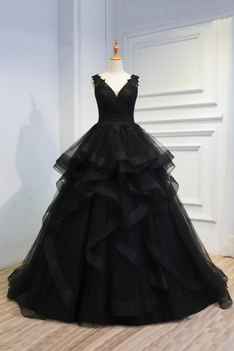 Black Puffy V Neck Sleeveless Tulle Prom with Appliques Long Quinceanera Dress - Prom Dresses