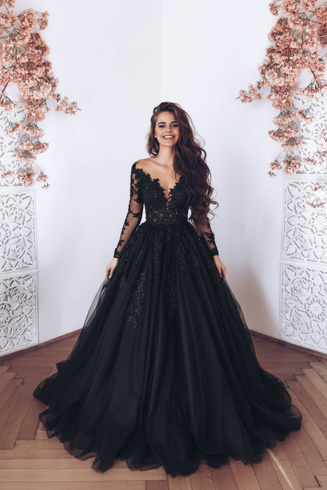 Black Romantic Long Sleeves Appliques Ruffles Wedding Dresses - wedding dresses