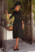 Black Floral Round Neck Satin Midi Mother Of The Bride Dress with Sleeves