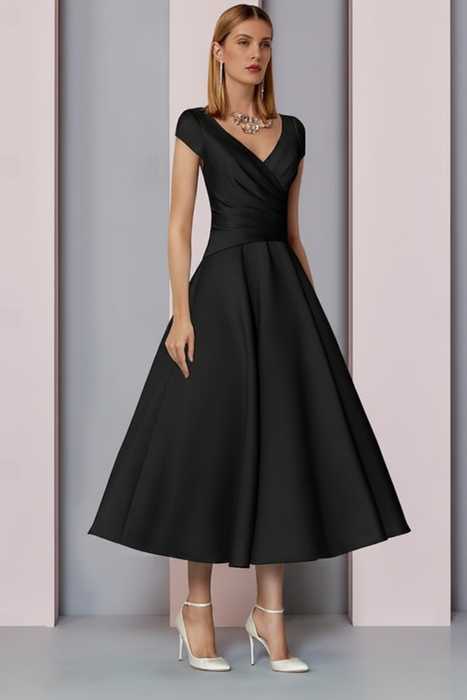 Black Satin A-Line Mother of the Bride Dress V Neck Tea Length Wedding Guest Dress - Prom Dresses