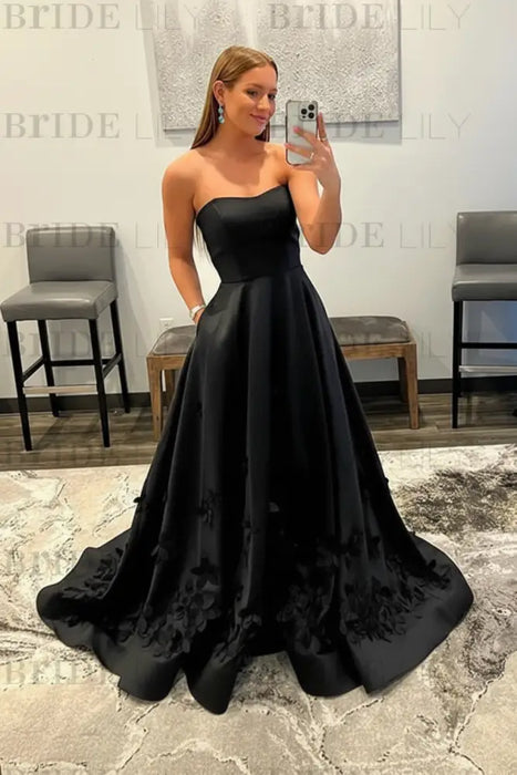 Black Strapless Satin Long Prom Dresses with 3D Flowers