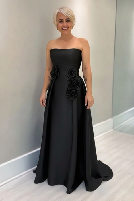 Black Satin Mother of the Bride Dress Strapless with Flowers - Prom Dresses