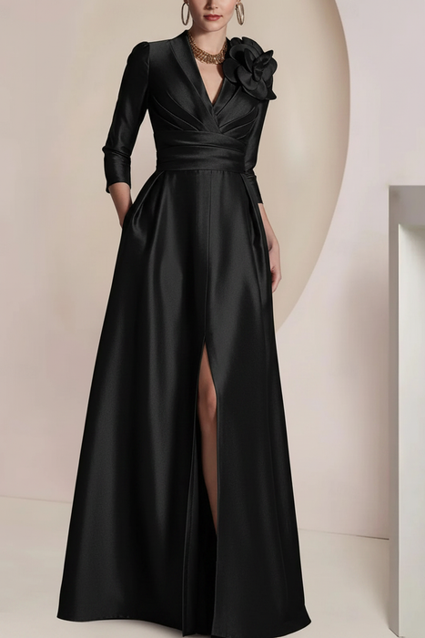 Black Satin V-Neck Mother of the Bride Dress with 3/4 Sleeves with Split Front