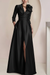 Black Satin V-Neck Mother of the Bride Dress with 3/4 Sleeves with Split Front