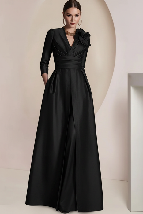 Black Satin V-Neck Mother of the Bride Dress with 3/4 Sleeves with Split Front