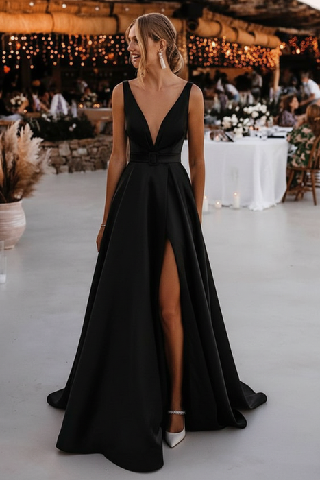 Black Satin Wedding Dress Open Back Bridal Dress with Split