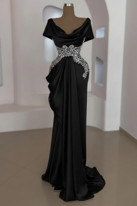 Black Scoop Neck Ruffles Satin Prom Dress Mermaid Sleeveless Evening Dress with Beads