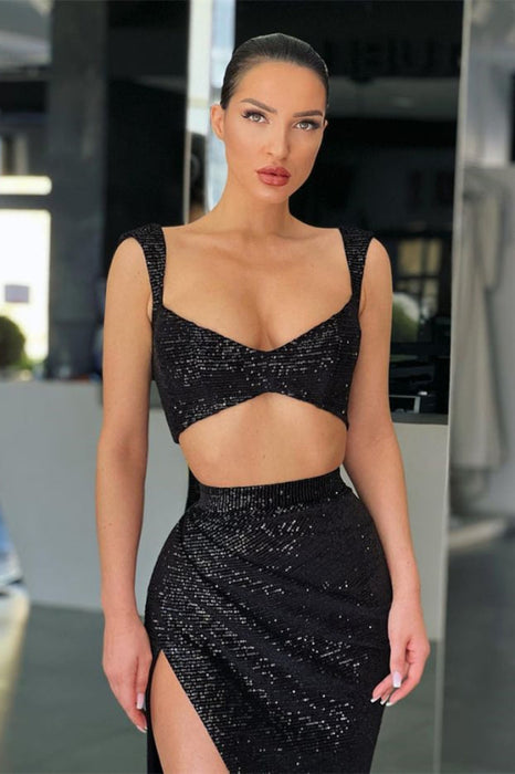 Black Sequined Mermaid Prom Dress with Strappy Back Detail