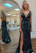 Black Sequins V Neck Backless Sleeveless High Slit Prom Dress