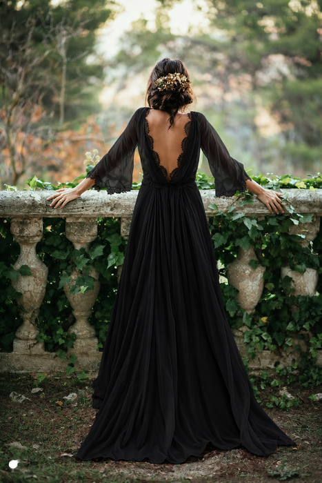 Black Boho 3/4 Sleeves Backless Long Chiffon Beach Wedding Dress