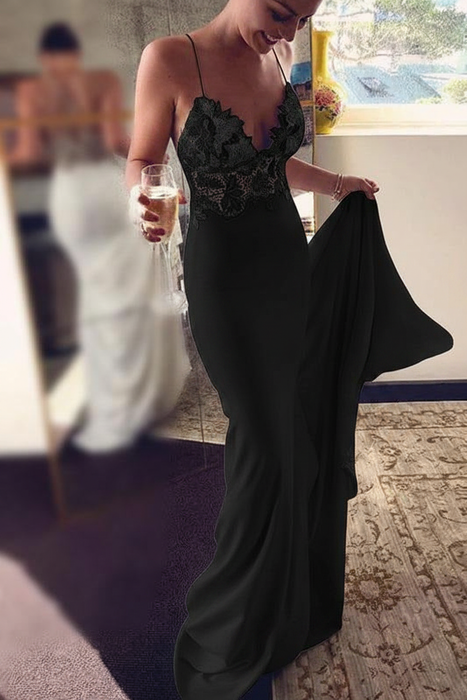 Black Sexy Spaghetti Straps Mermaid Long Beach Wedding Dress with Lace - Wedding Dresses