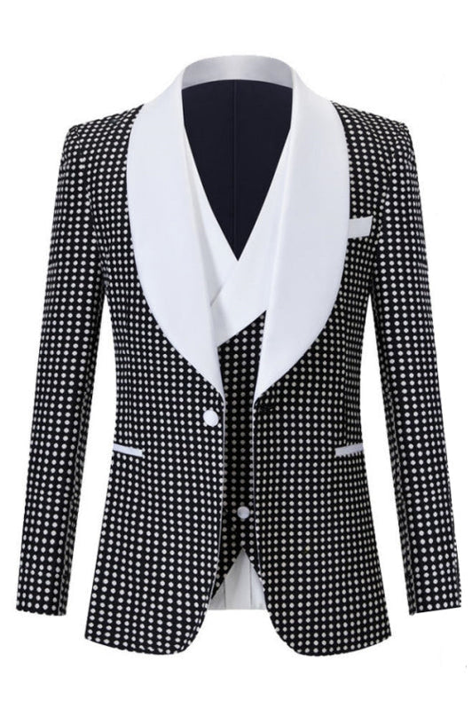Gorgeous Knitted Button Black Shawl Lapel Three Piece White Jacquard Wedding Tuxedo for Men