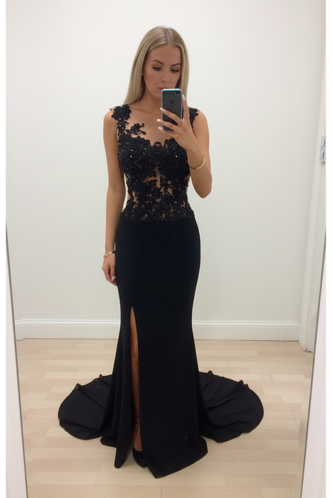 Black Sheath/Column Scoop Sleeveless Applique Sweep/Brush Train Chiffon Dresses - Prom Dresses