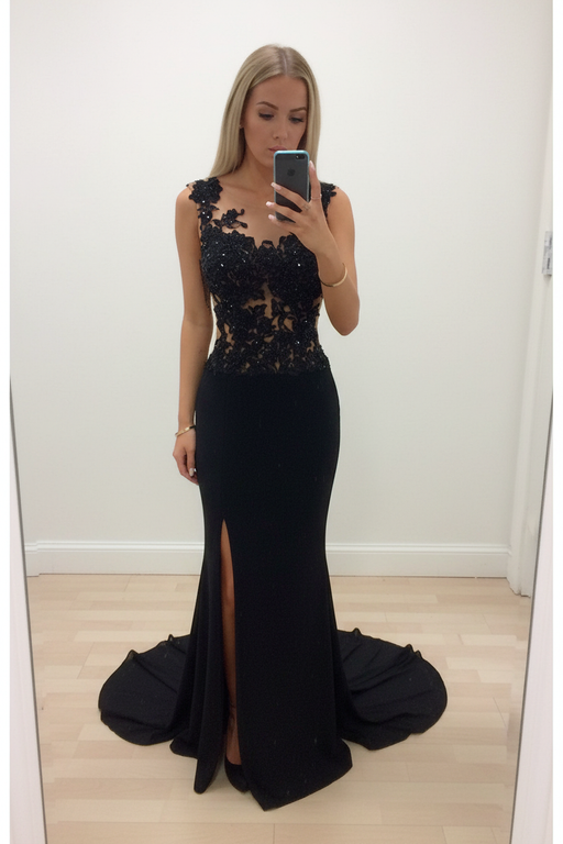 Black Sheath/Column Scoop Sleeveless Applique Sweep/Brush Train Chiffon Dresses - Prom Dresses