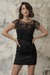 Black Short Wedding Dresses Illusion Neckline Jewel Neck Short Sleeves Sheath Natural Waist Lace Bows Cut-Outs Ruffles Bridal Dresses