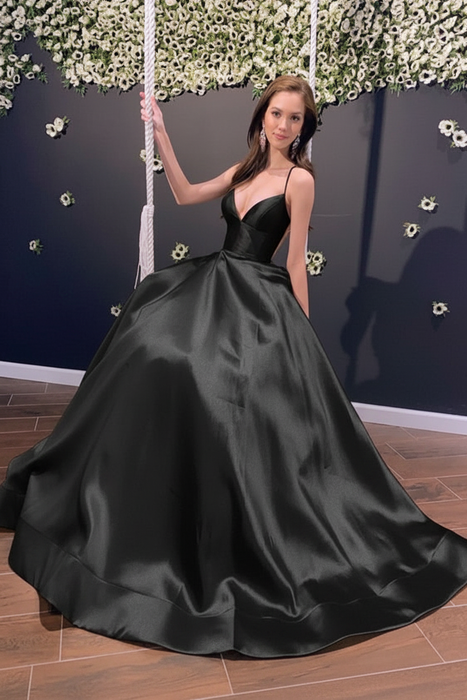 Black Simple A Line V Neck Backless Yellow Long Prom Dresses