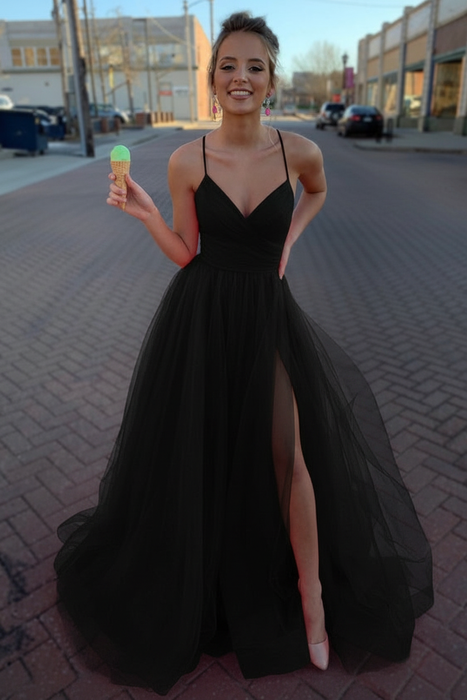 Black Simple A Line V Neck Tulle Long Prom Dresses with High Split