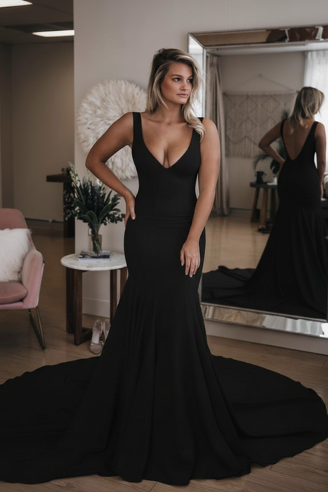 Black Simple V Neck Mermaid with Long Train Backless Beach Wedding Dress - Wedding Dresses