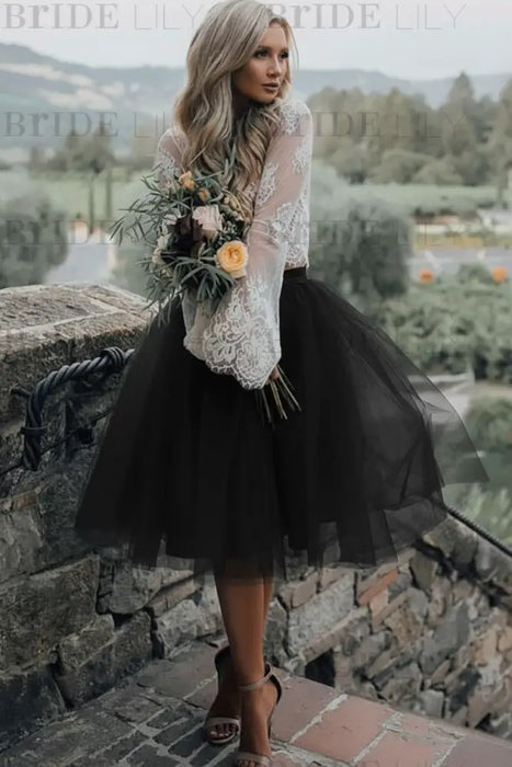 Black Simple Wedding Dress A Line Designed Neckline Lace Tulle Bridal Gowns