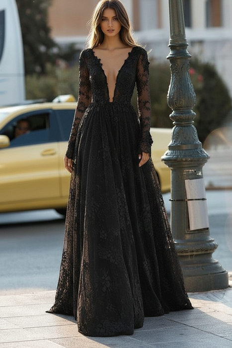 Black Simple Wedding Dress A Line V Neck Long Sleeves Lace Floor Length Bridal Gowns