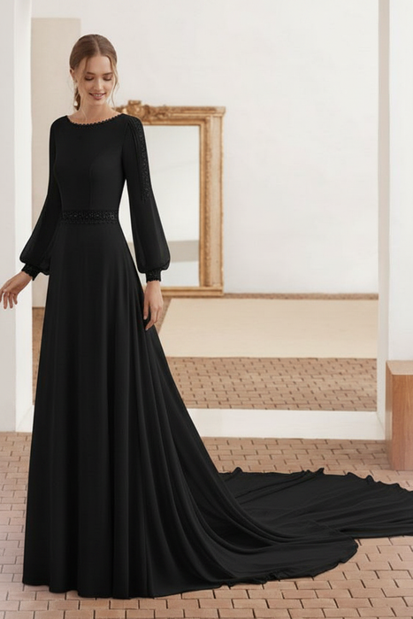 Black Simple Wedding Dress With Train Chiffon Halter Long Sleeves Lace A Line Bridal Dresses