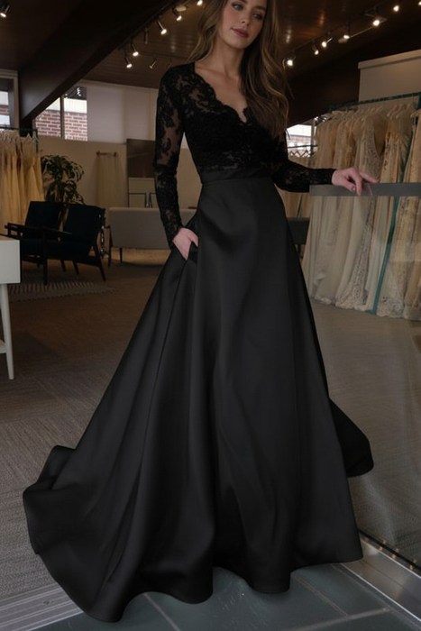 Black Long Sleeves Sweep Train Satin Wedding Dress with Top Lace - Prom Dresses