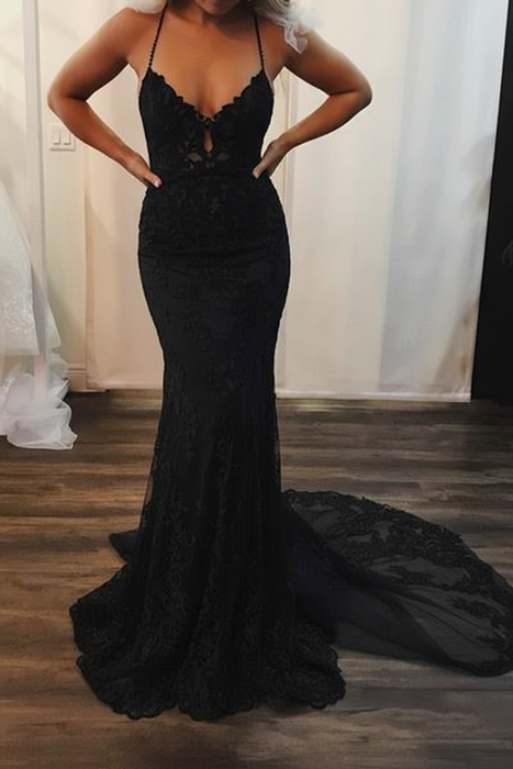 Black Spaghetti Strap Mermaid Lace Applique Long Train Wedding Dress - Wedding Dresses