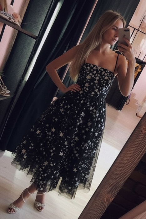 Black Spaghetti Strap Tea Length Tulle Homecoming Dress Midi Prom Dresses - Prom Dresses