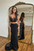 Black Spaghetti Strap Two Pieces Long Mermaid Prom Dress with Beads