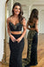 Black Spaghetti Strap Two Pieces Long Mermaid Prom Dress with Beads