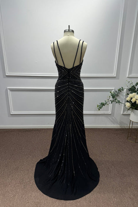 Black Spaghetti Straps Beadings Sleeveless Mermaid Prom Dress - Prom Dresses