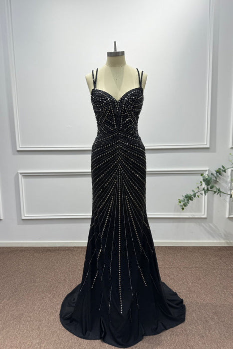 Black Spaghetti Straps Beadings Sleeveless Mermaid Prom Dress - Prom Dresses