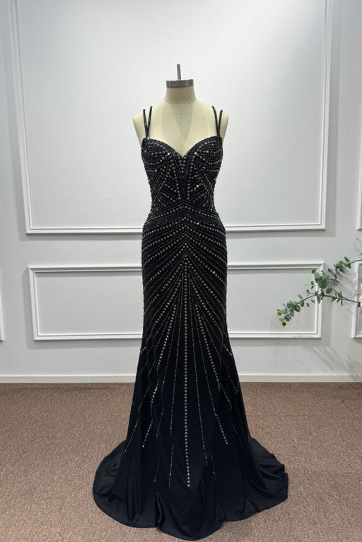 Black Spaghetti Straps Beadings Sleeveless Mermaid Prom Dress - Prom Dresses