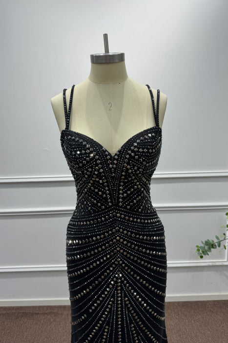 Black Spaghetti Straps Beadings Sleeveless Mermaid Prom Dress - Prom Dresses
