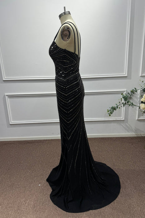 Black Spaghetti Straps Beadings Sleeveless Mermaid Prom Dress - Prom Dresses