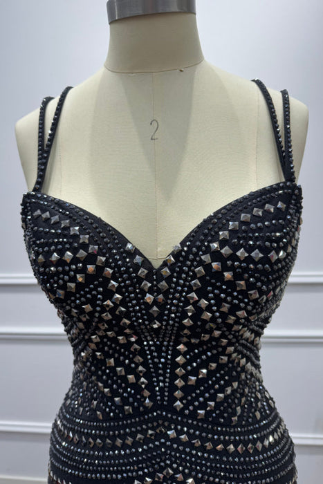 Black Spaghetti Straps Beadings Sleeveless Mermaid Prom Dress - Prom Dresses