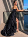 Black Spaghetti-Straps Evening Dress with Slit