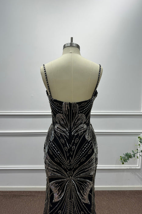 Black Spaghetti Straps Sleeveless Beadings Mermaid Prom Dress - Prom Dresses