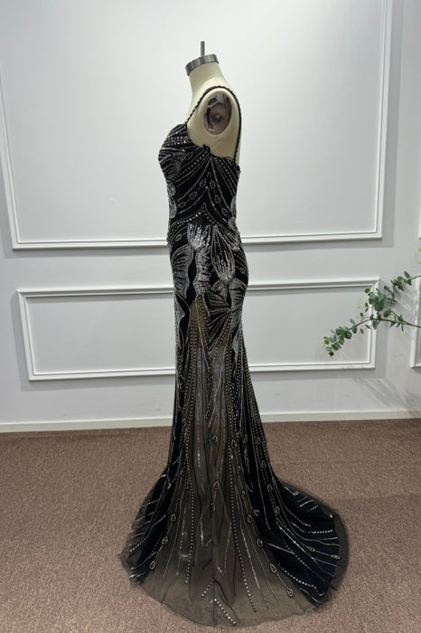 Black Spaghetti Straps Sleeveless Beadings Mermaid Prom Dress - Prom Dresses